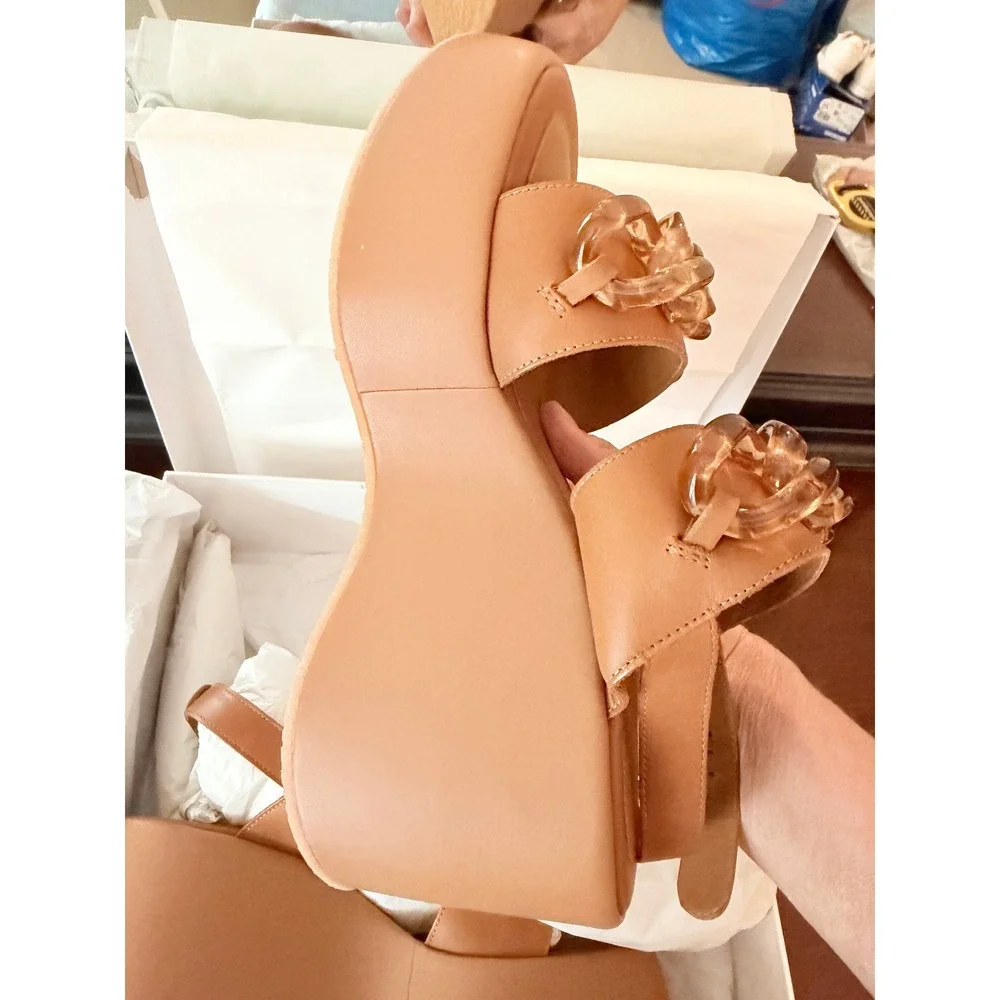 See By Chloe Mahe Platform Wedge Sandals Women 41 Tan NEW Leather Chain SB38095A